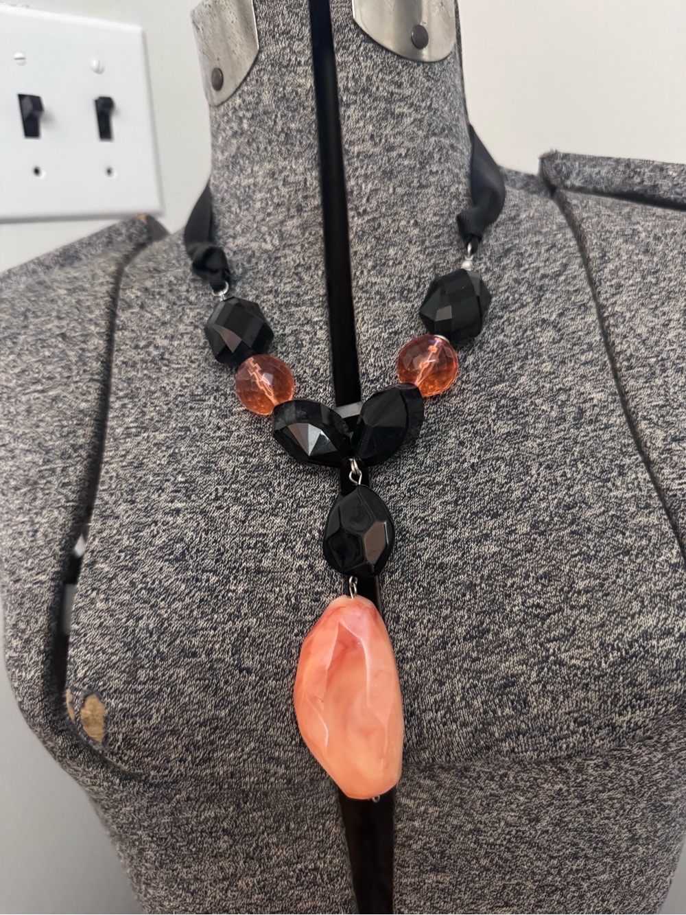 Women’s Large Black & Orange Beaded Necklace with Ribbon Detail
